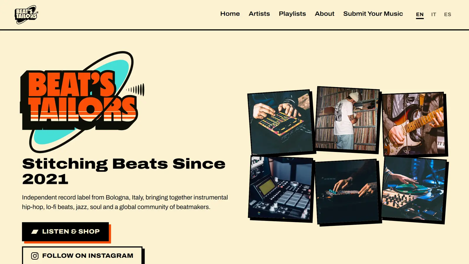 Il nuovo sito di Beat’s Tailors: logo, collage di foto e pulsanti per ascoltare e seguire la label